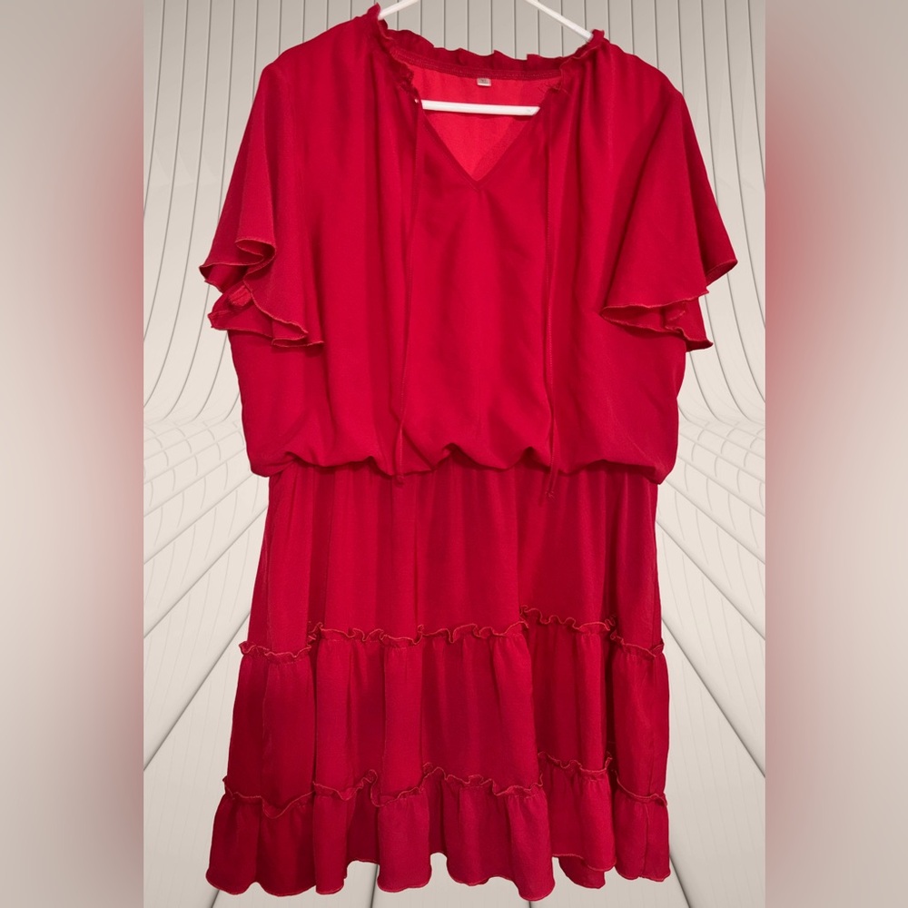 2XL 18 Flowy Boho Red Ruffle Tiered Mini Dress with Flutter Sleeves & Tie Detail
